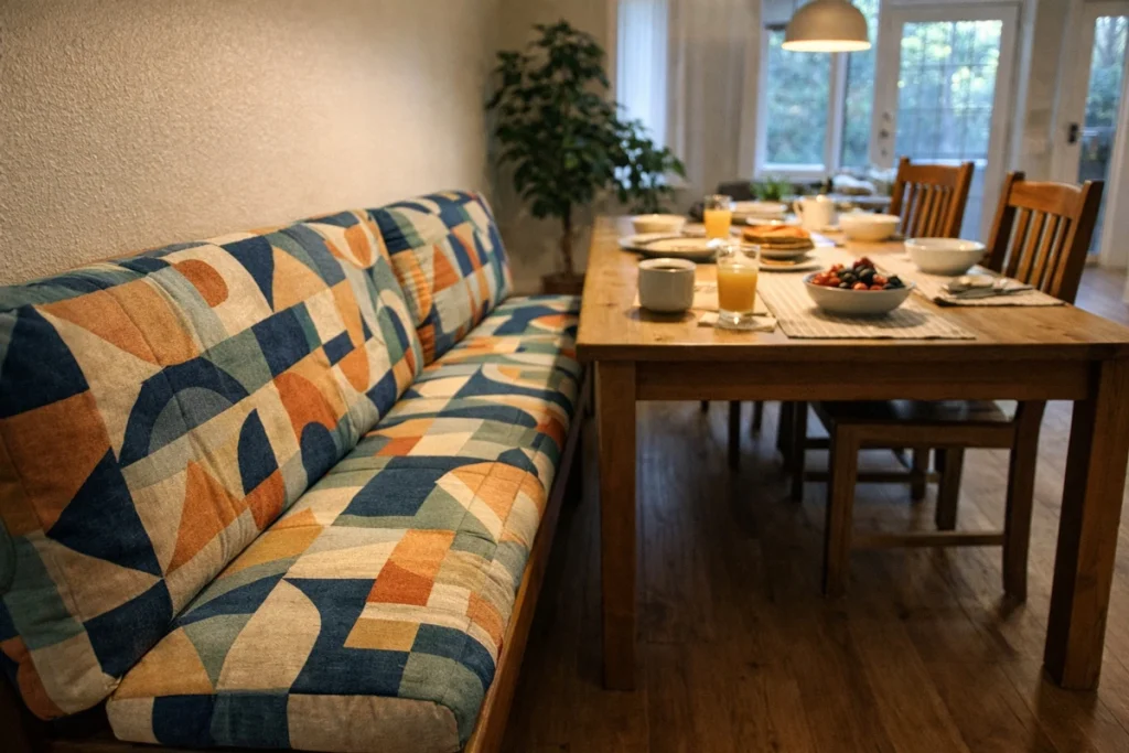 Vibrant custom bench cushions on dining area bench with family setting