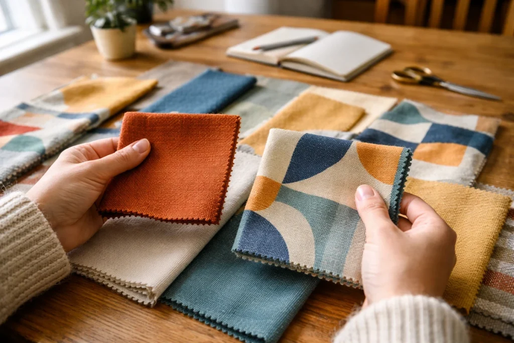 Hands selecting from various fabric swatches for custom bench cushions