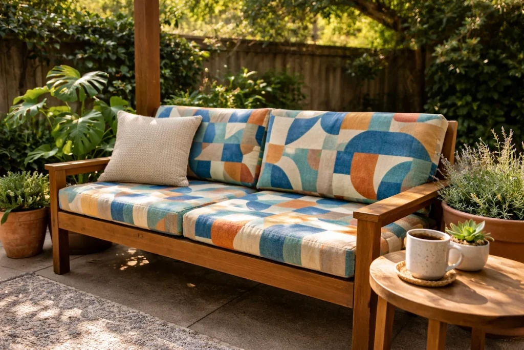 Weather-resistant custom bench cushions on outdoor patio bench