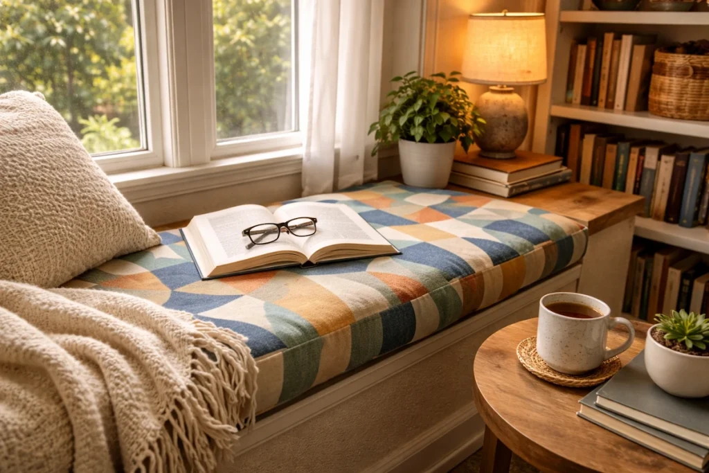 Cozy reading nook with custom bench cushion and throw pillows
