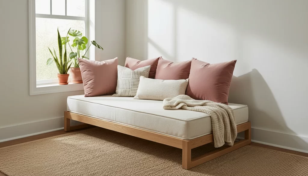 Comfortable daybed with custom cushions in a bright living space