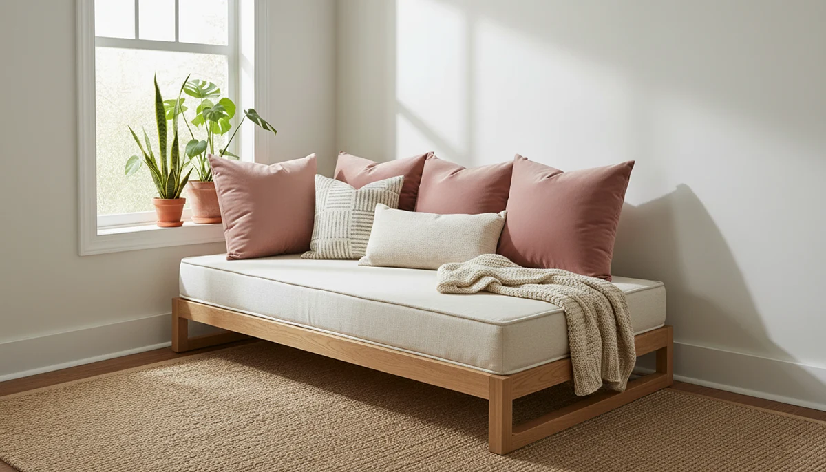 Comfortable daybed with custom cushions in a bright living space