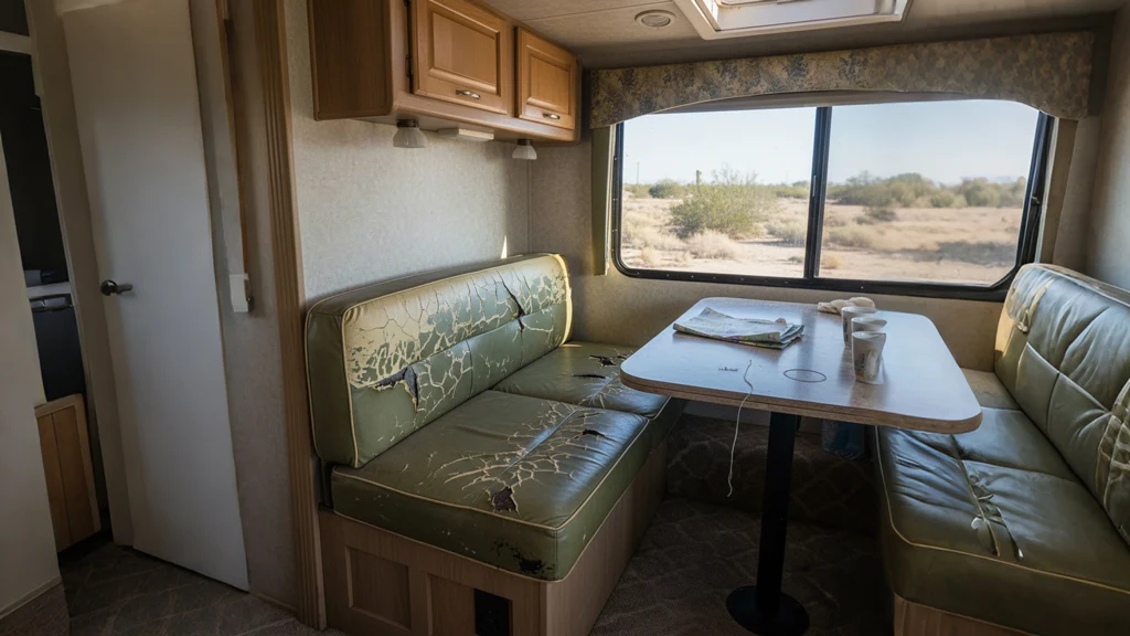 RV dinette area showing worn original cushions that need new covers