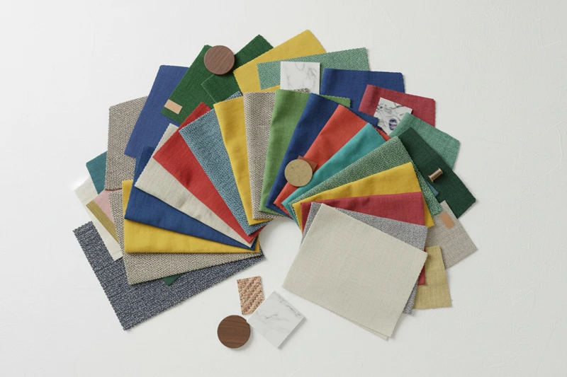 Wide array of fabric swatches and material samples in various colors