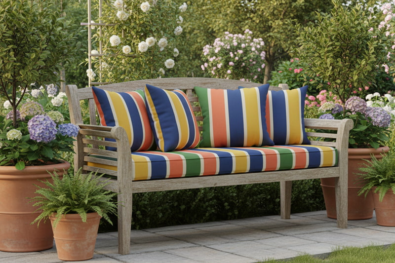 Weather-resistant outdoor bench cushions on a patio setting