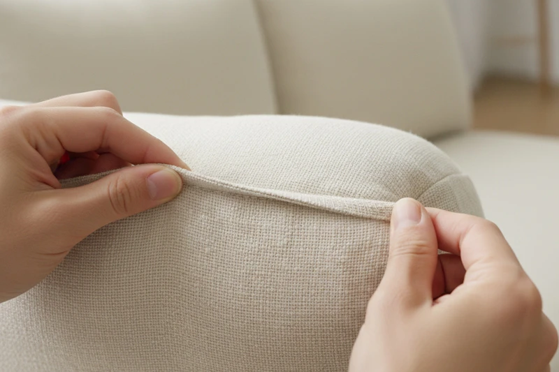Quality inspector examining cushion stitching and fabric details