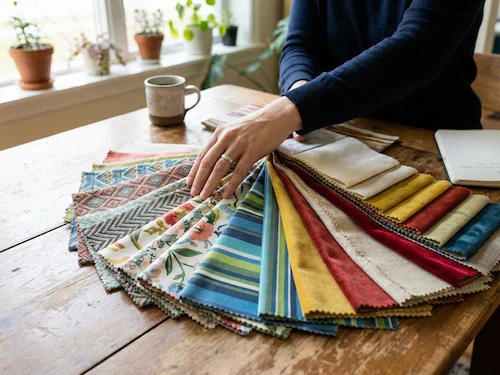 Sunbrella and outdoor performance fabric swatches in various colors