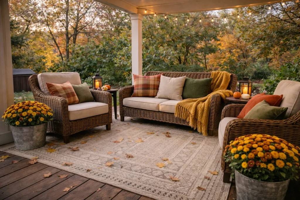 Complete outdoor seating area with wicker furniture and fall styling
