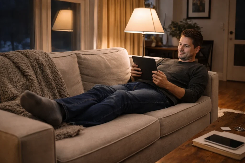 Evening scene showing someone comfortably settled with proper support