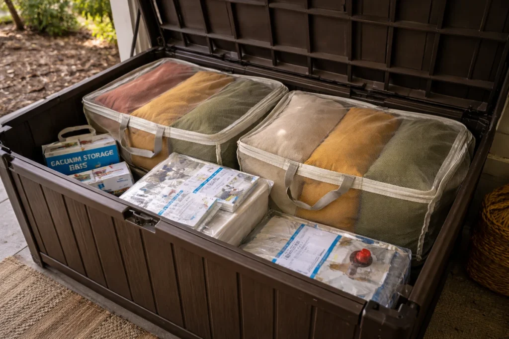 Organized outdoor cushion storage in deck box