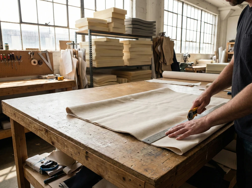 Artisan hands sewing custom cushions in a bright workshop, showing fabric cutting and measuring process