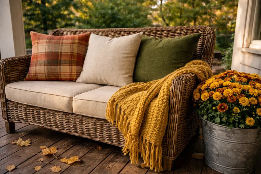 Wicker bench with layered cushions and throw pillows in autumn color scheme