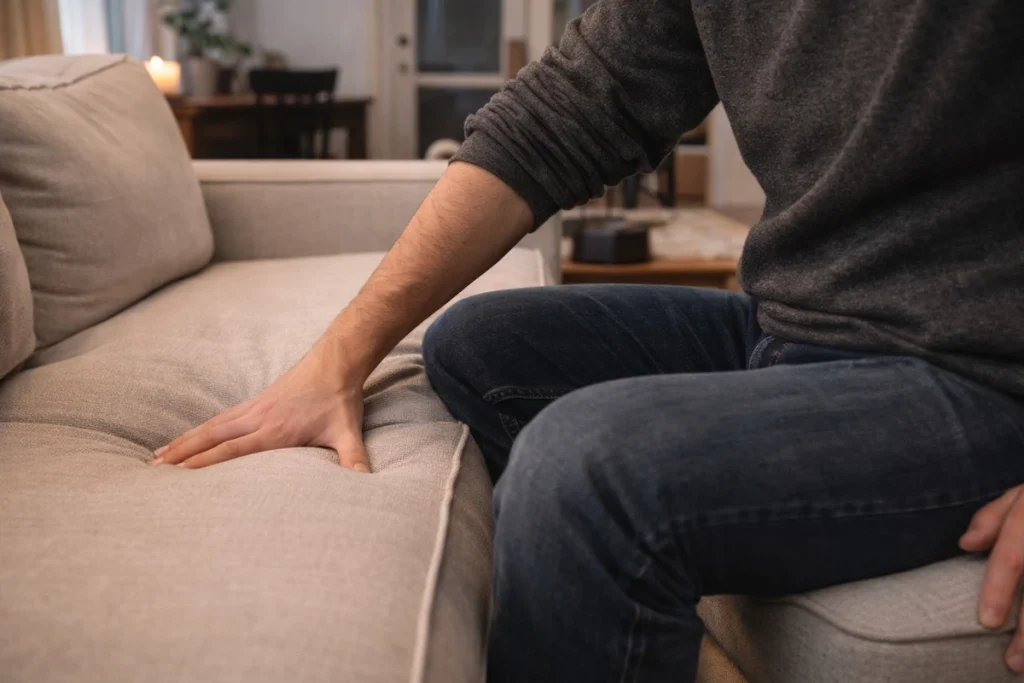 Someone testing furniture comfort in realistic way