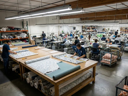 Interior of Rofielty manufacturing facility with cutting tables and sewing stations