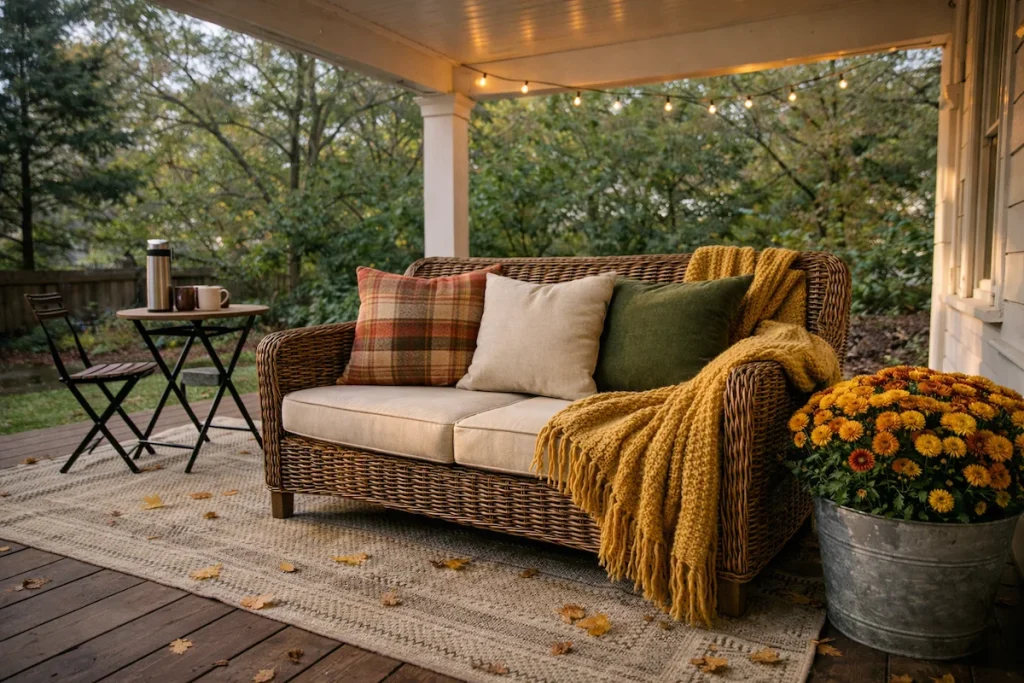 Fully styled wicker bench with multiple textile layers and fall accessories