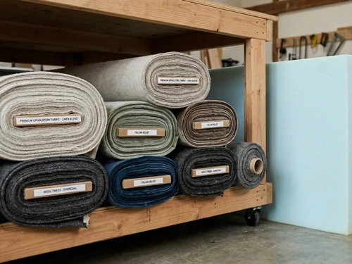 Close-up of premium fabric rolls and high-density foam cushion materials