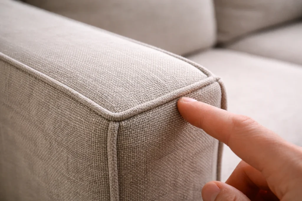Close detail of cushion corner showing professional stitching and piping