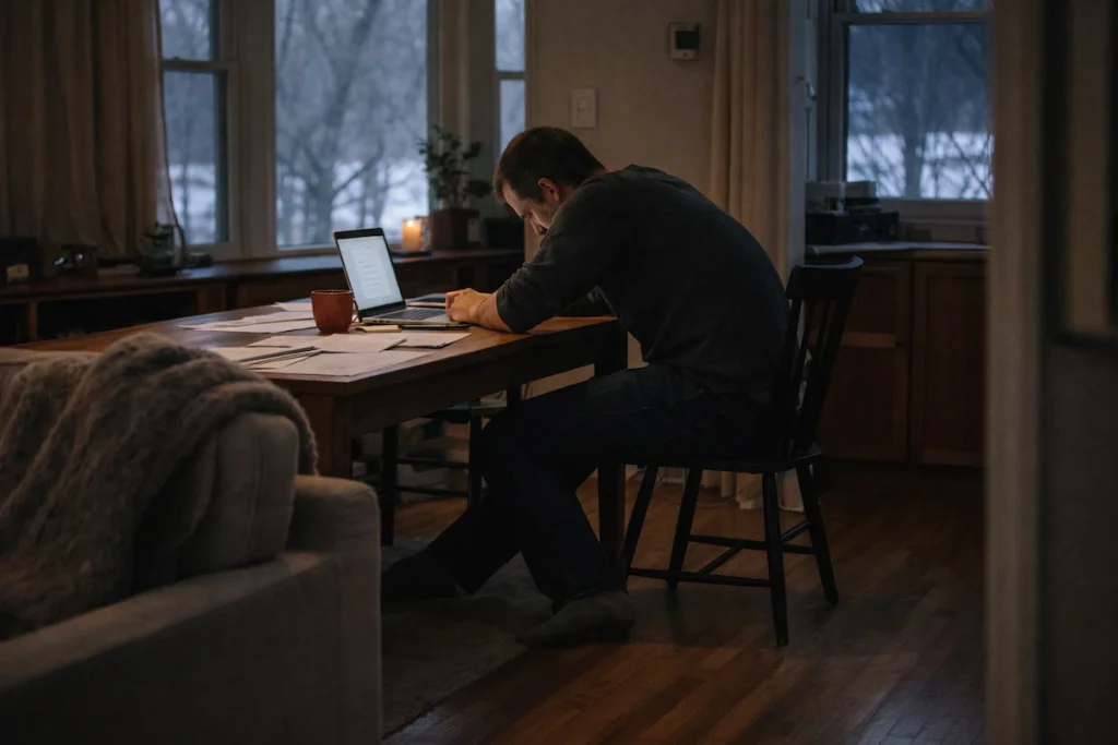 Natural photo showing uncomfortable seated posture with visible tension