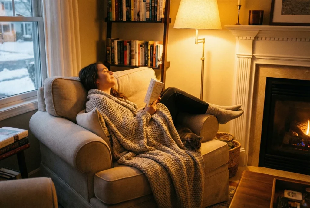 Someone genuinely comfortable on quality seating during winter evening