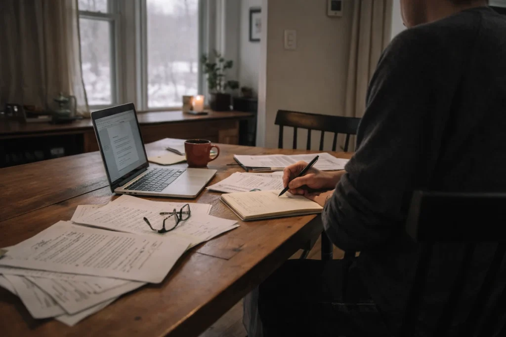 Someone working from home at dining table on winter day realistic setup