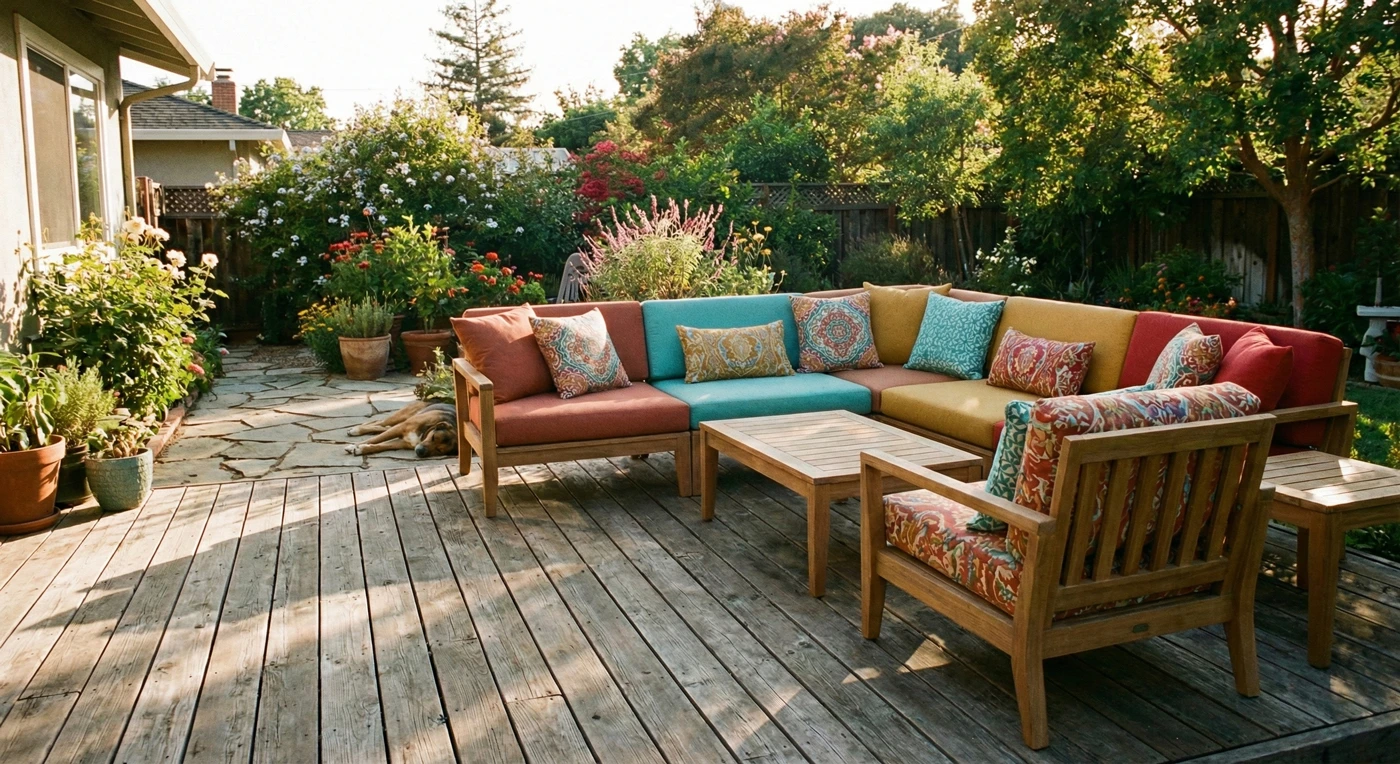 Comfortable outdoor patio furniture with weather-resistant custom cushions in sunny backyard setting
