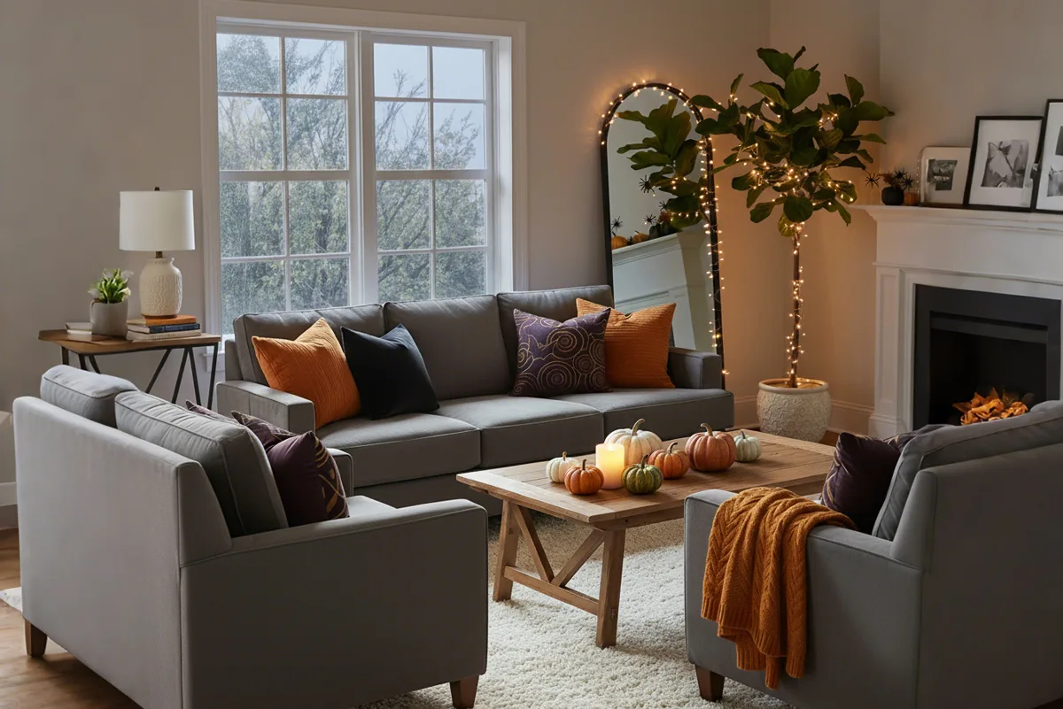 Fully decorated living room showcasing custom Halloween cushions as centerpiece