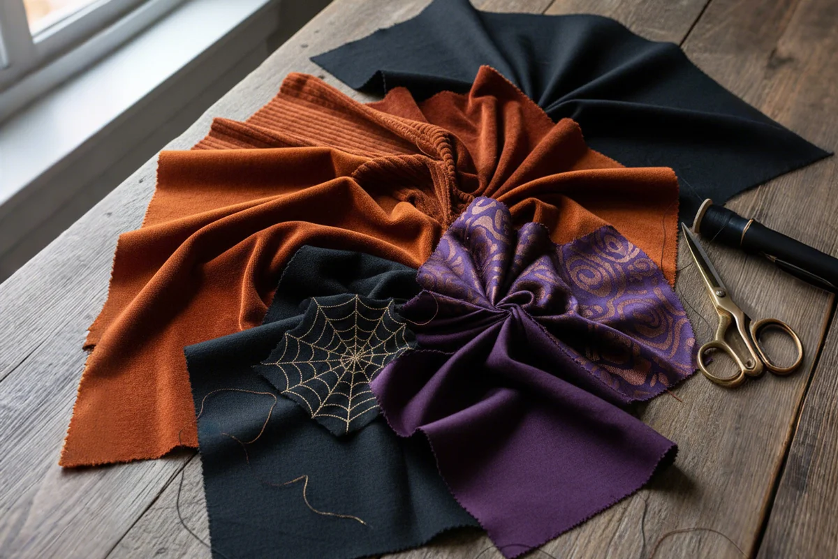 Halloween-themed fabric swatches in oranges, blacks, and purples arranged together