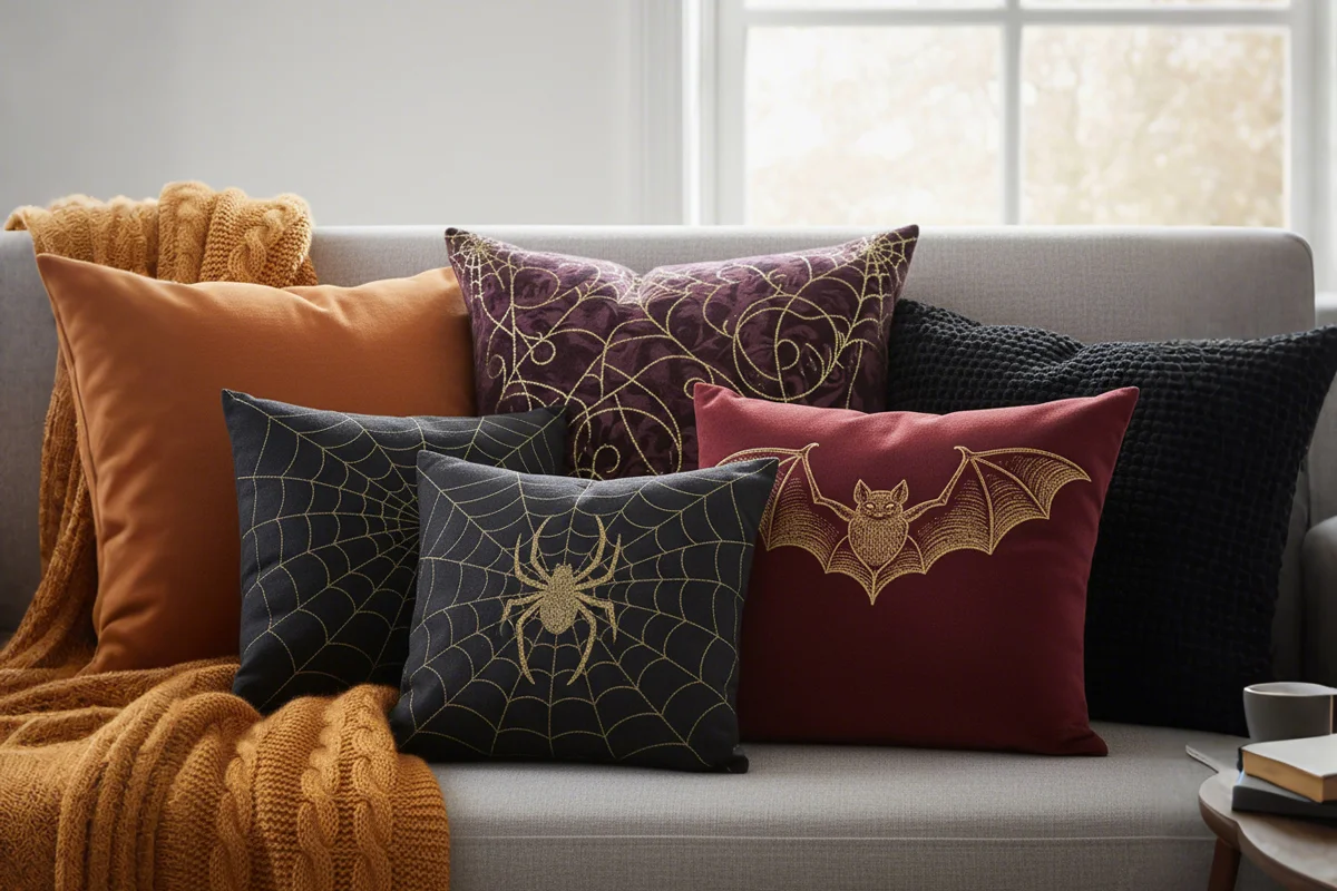 Multiple custom cushions arranged together showing coordinated Halloween design scheme