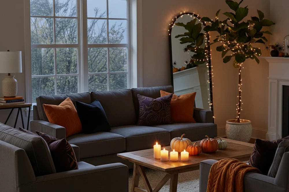 Living room with Halloween cushions photographed in evening lighting with candles