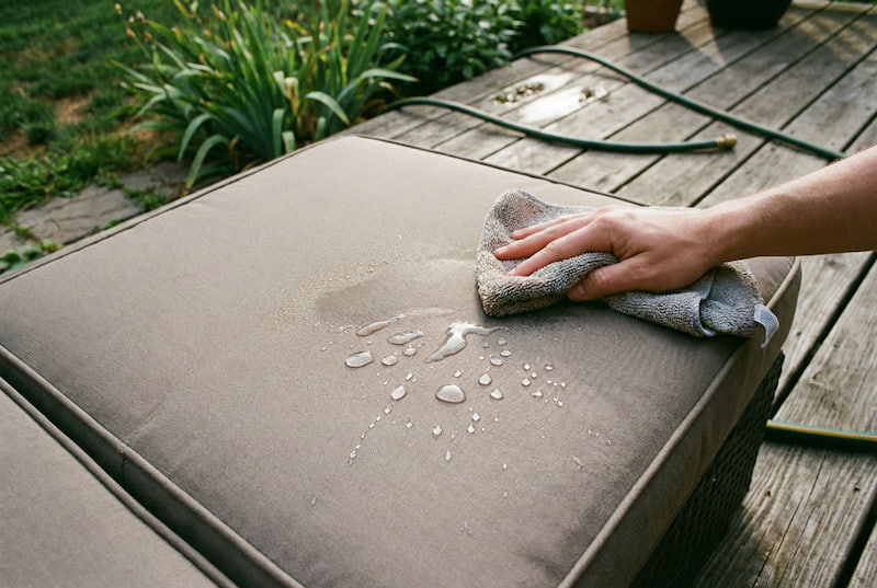Hand wiping outdoor cushion clean with damp cloth, showing easy maintenance