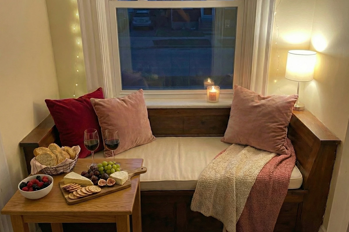 Indoor picnic setup on cushioned seating with food and ambient lighting