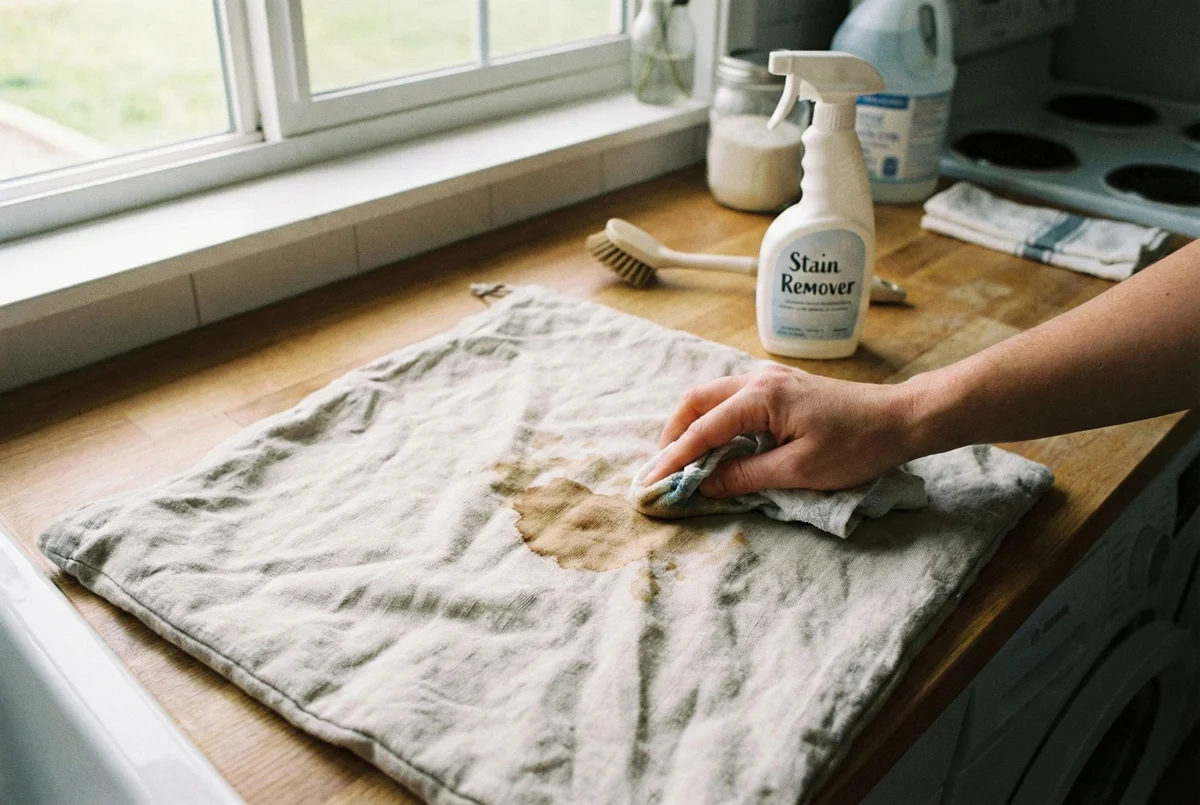 Spot treating a stain on cushion cover before washing