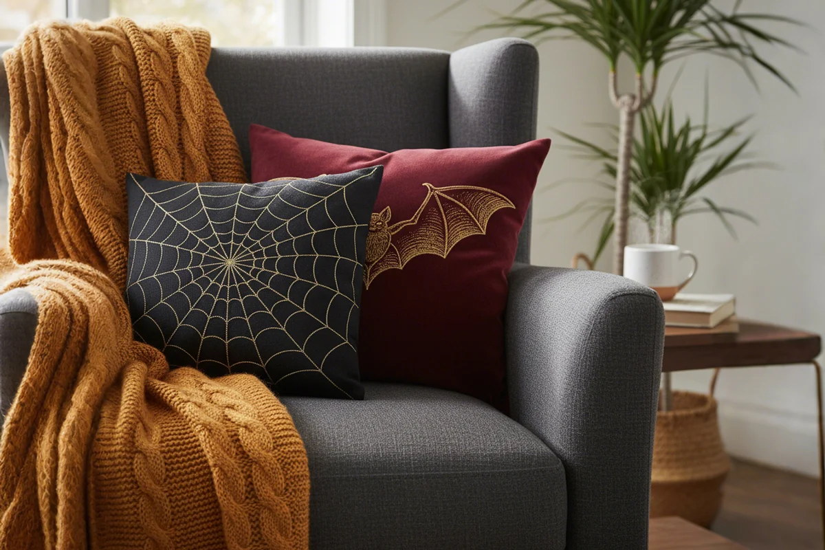 Accent chair styled with Halloween cushions and coordinating throw blanket