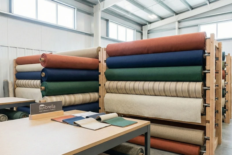 Sunbrella fabric rolls and swatches showing vibrant outdoor performance fabrics