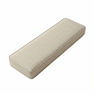 a rectangular light beige custom-made bench cushion with a durable linen-texture fabric and elegant piped edges, isolated on a white background.