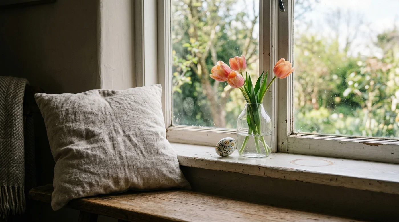 Window seat cushion in soft blush with a small vase of tulips and a painted egg on the sill, Easter morning light