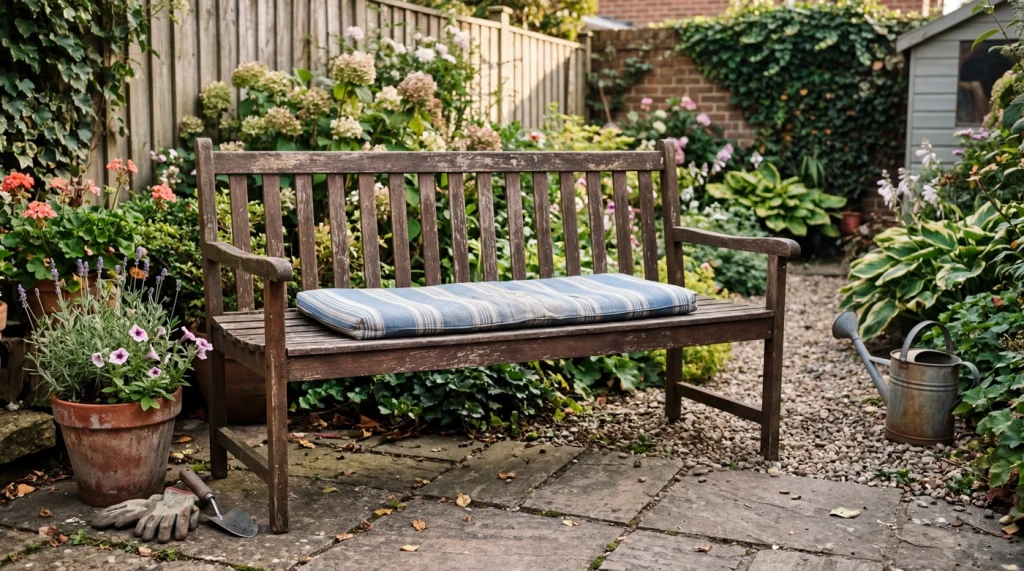 Outdoor wood bench with a cushion that's clearly too short, leaving several inches of bare wood exposed on each end, natural afternoon light
