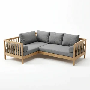 Custom grey daybed cushions and bolsters on a wooden L-shaped sectional sofa frame