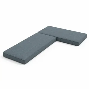 Custom L-shaped breakfast nook cushions in textured blue-grey fabric for corner seating