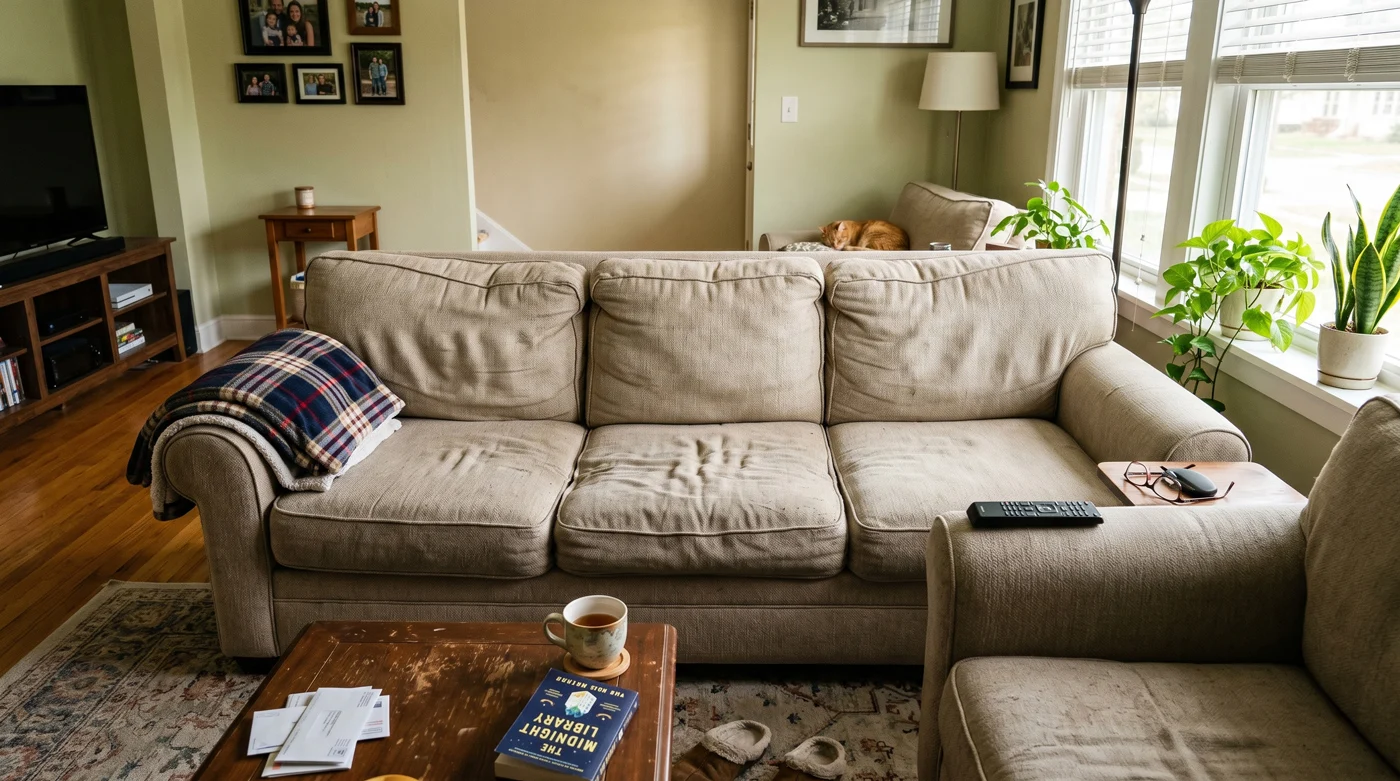Close-up of visibly flattened and sagging sofa cushions in a lived-in American living room, afternoon light, TV remote and throw blanket in frame