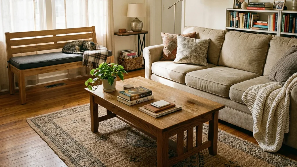 Bright American living room with a sofa on one side and a wood bench with a fitted cushion on the other, natural afternoon light through white curtains