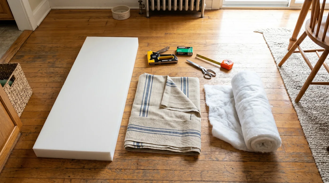 Foam block, fabric yardage, batting roll, scissors, tape measure, and staple gun laid out on the floor of a real American home kitchen, natural light
