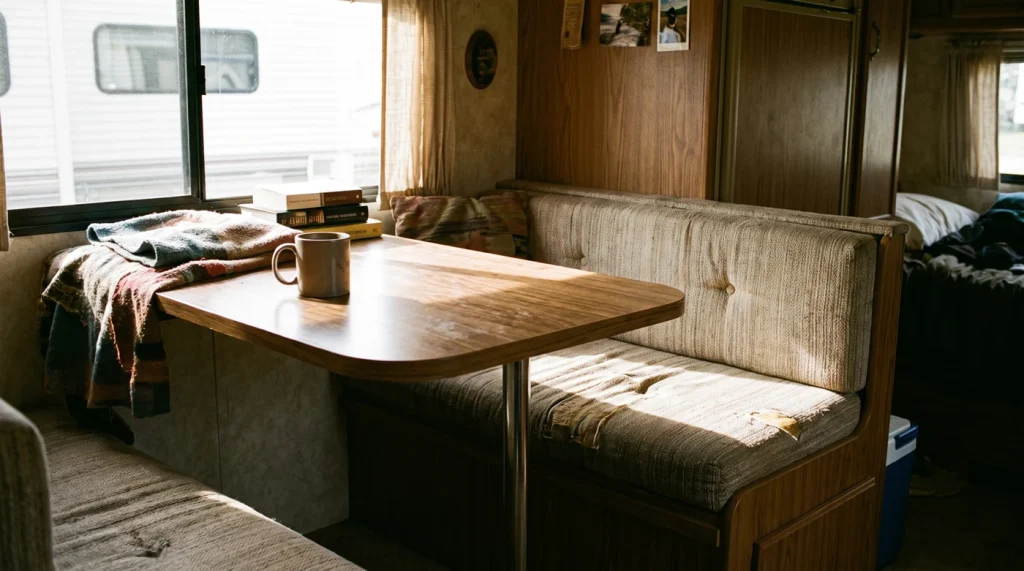 RV dinette booth with a visibly compressed and worn cushion, wood table, natural light coming through the camper window