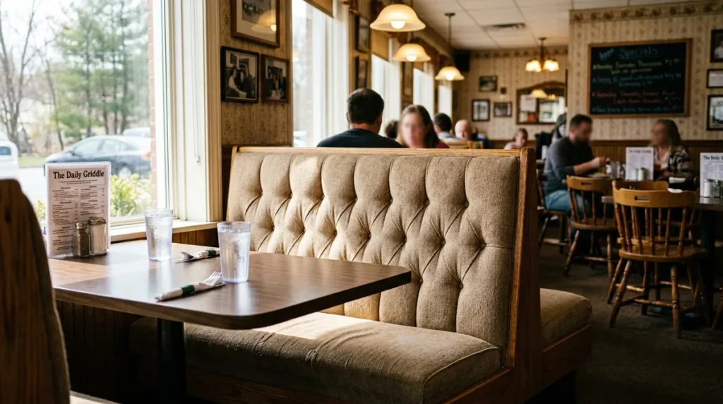 Tufted booth cushions in a small family diner with afternoon light through the window