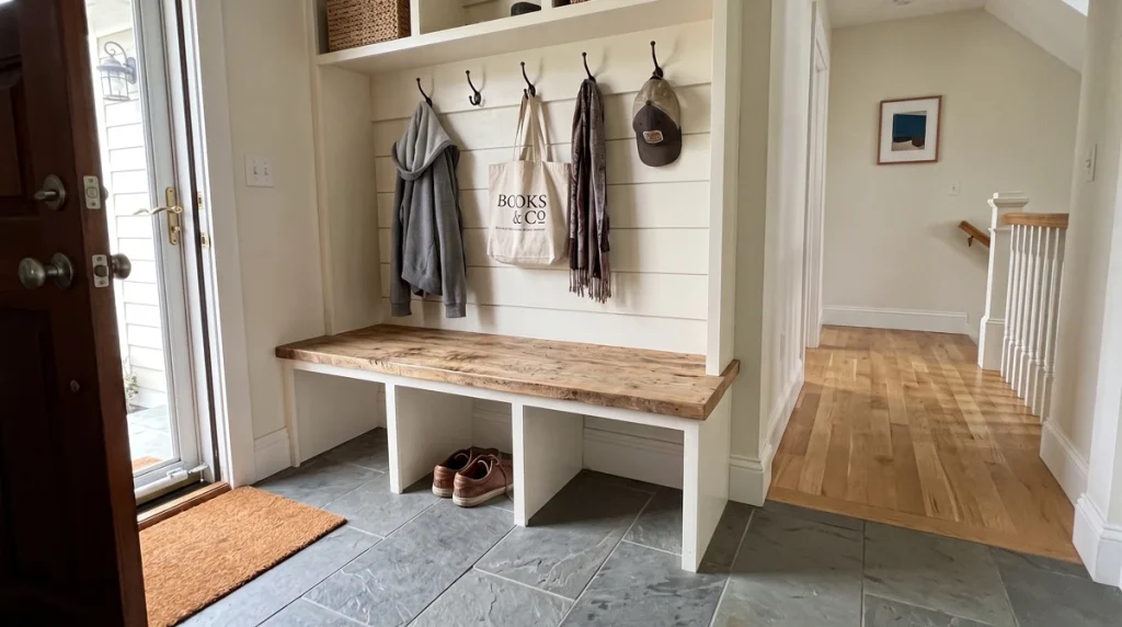 Empty built-in mudroom storage bench with bare wood top before custom cushion