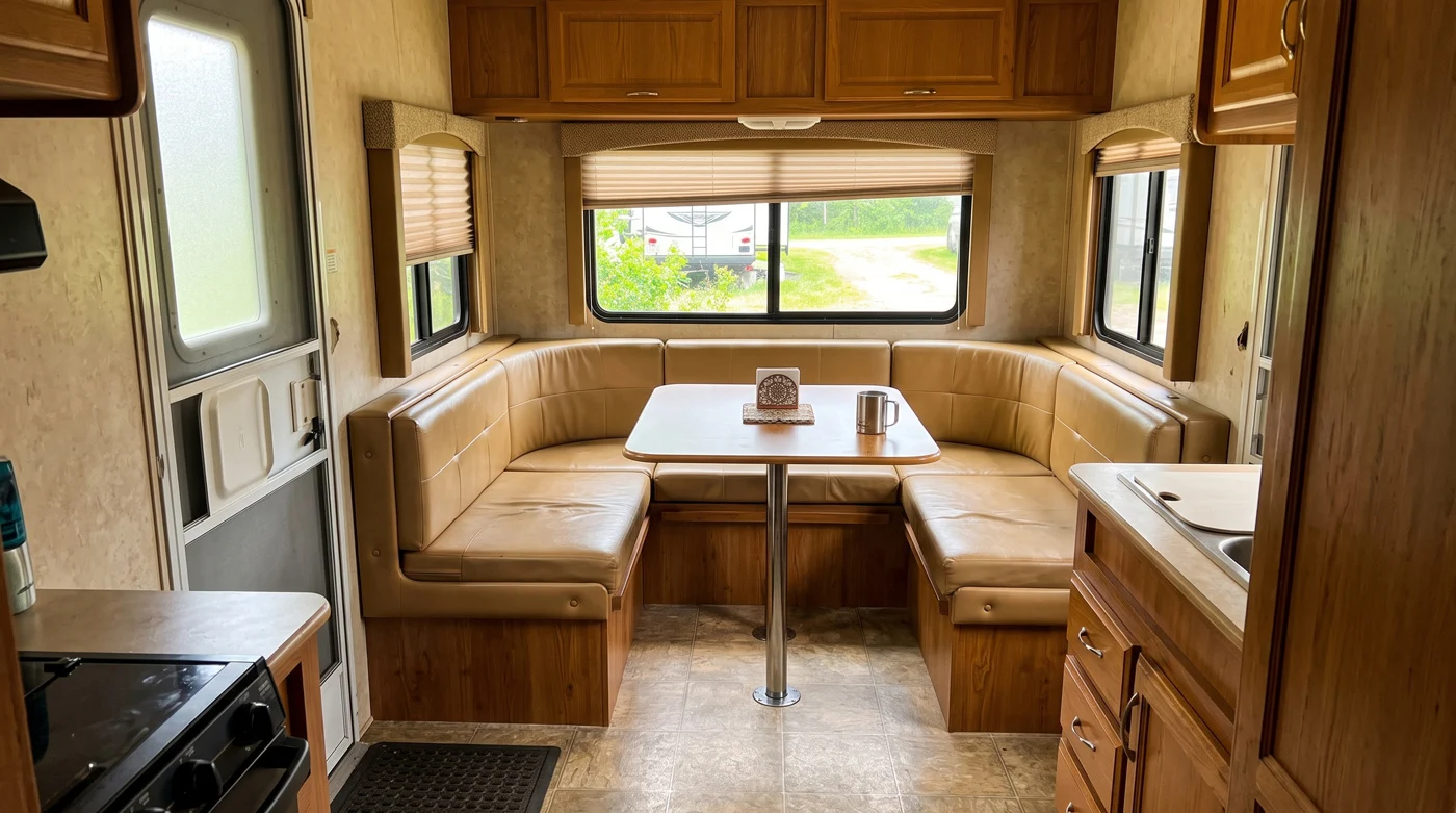 RV dinette booth interior before cushion upgrade