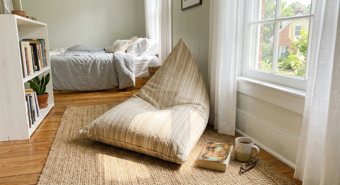 Handmade triangular corner floor cushion in a cozy reading nook